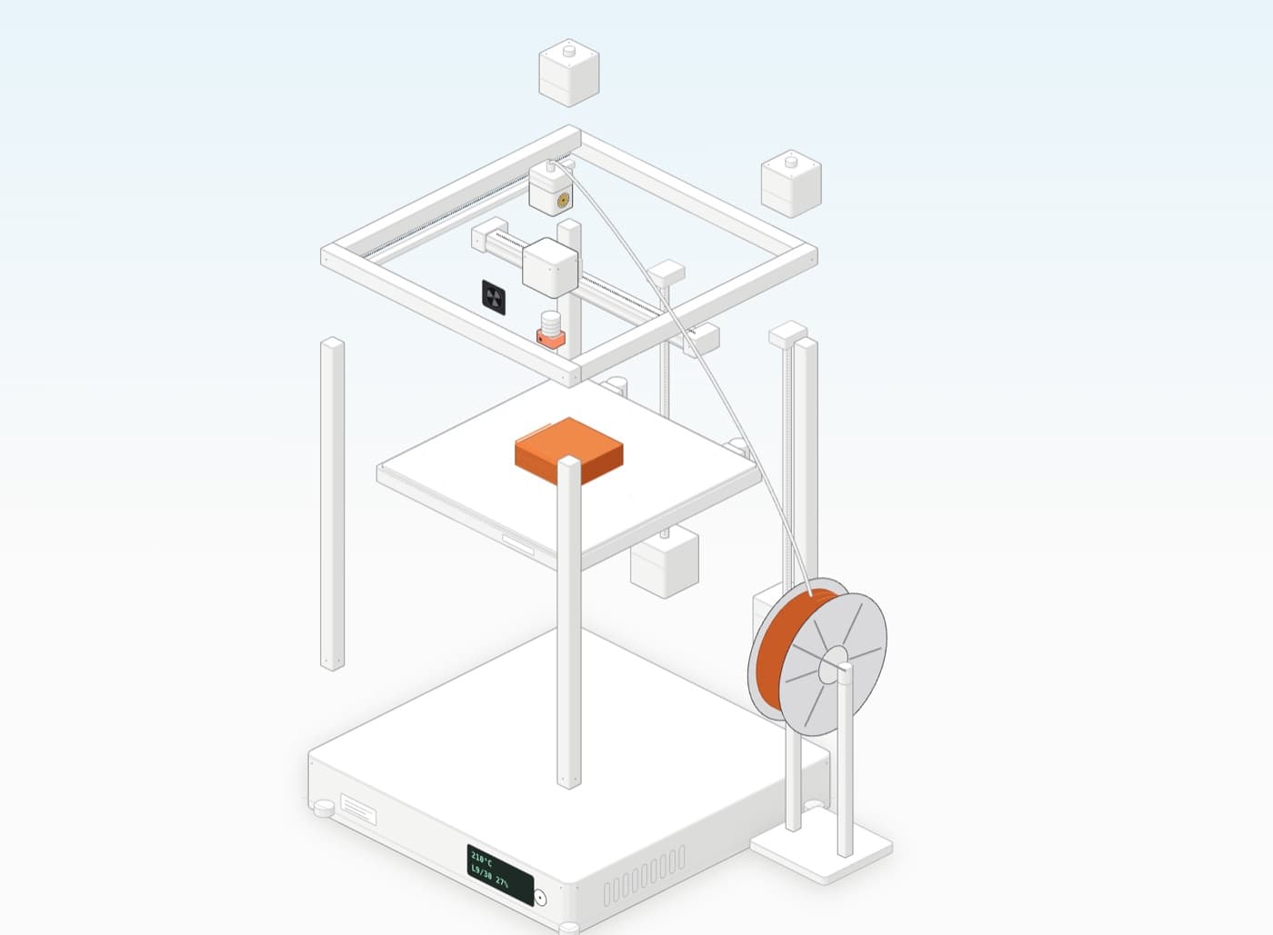 The 3D printer in exploded view, paused mid-print with an orange cube on the bed.